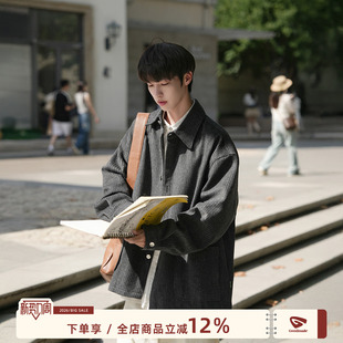 日系复古男生休闲长袖 GOOZI 男春季 竖条纹毛呢衬衫 衬衣外套 MADE