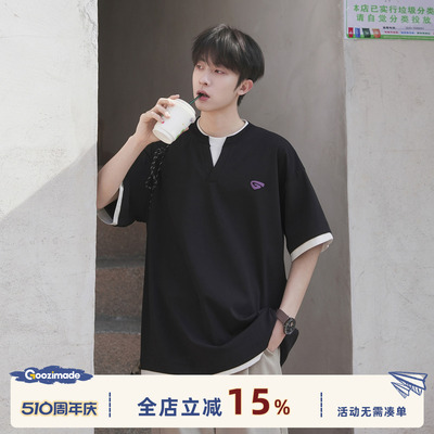 GOOZIMADE撞色假两件短袖T恤男夏
