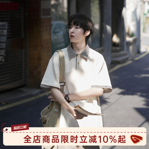GOOZIMADE格纹翻领短袖T恤男夏