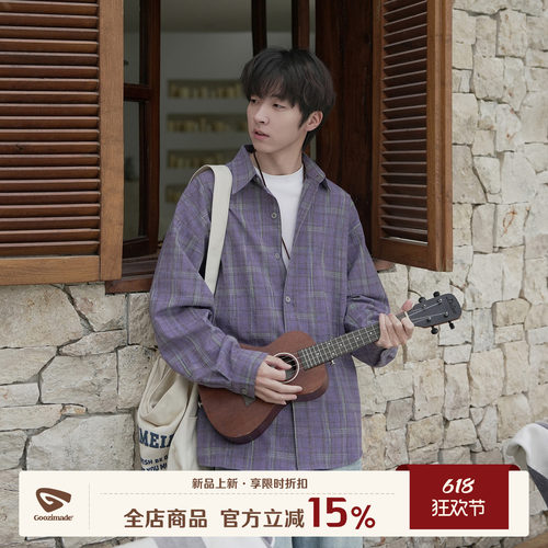 GOOZIMADE美式格子长袖衬衫男夏