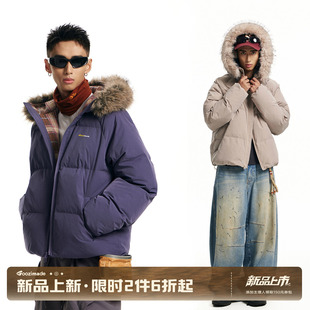 GOOZI MADE大毛领连帽派克服男冬季加厚保暖棉衣格子拼接棉服外套