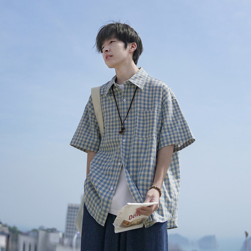 GOOZIMADE少年感格子短袖衬衫男