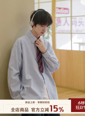 GOOZI MADE 蓝色竖条纹长袖衬衫男夏季日系宽松男生休闲衬衣外套