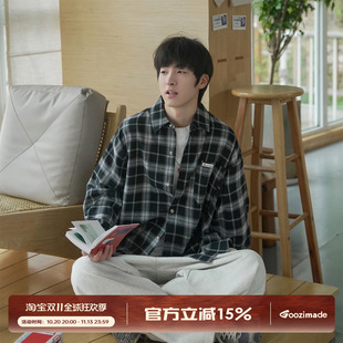GOOZI MADE 少年感黑白格子长袖衬衫男秋季宽松纯棉休闲衬衣外套