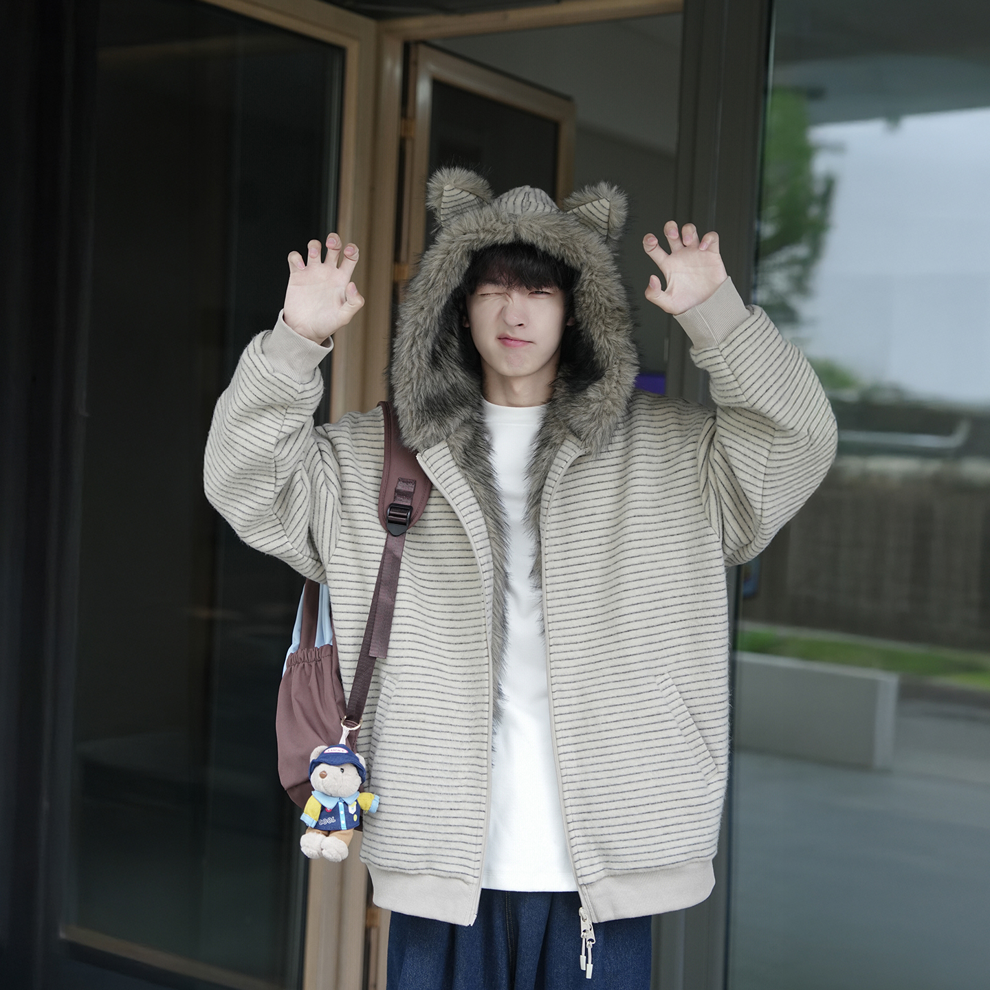 @港仔文艺男 毛领座山雕棉服男冬季加绒加厚外套美式条纹连帽棉衣