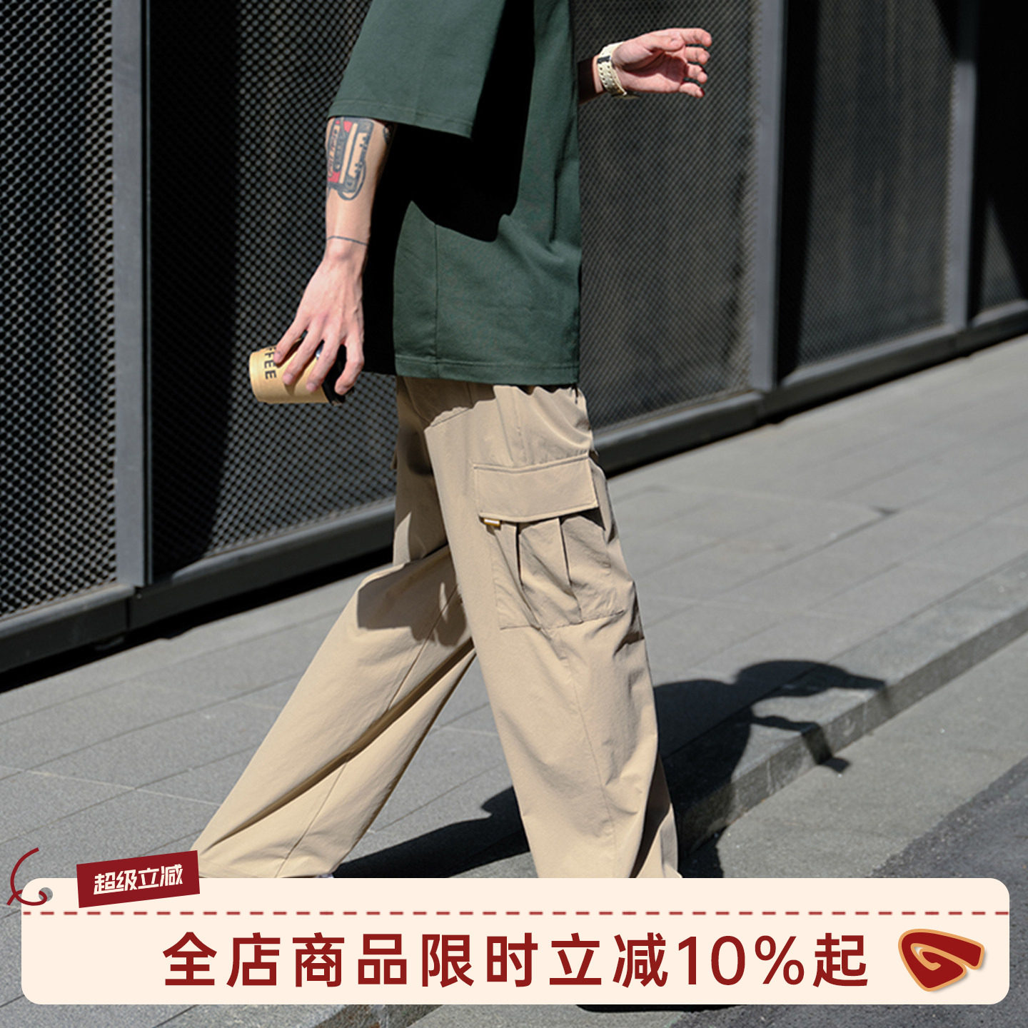GOOZI MADE日系工装裤男夏季薄款宽松抽绳大口袋男生直筒休闲裤子