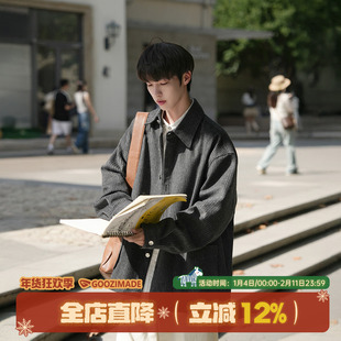 GOOZI MADE 竖条纹毛呢衬衫男春季日系复古男生休闲长袖衬衣外套