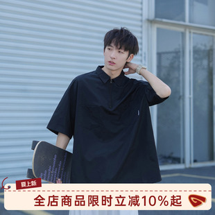 GOOZI MADE日系黑色半拉链短袖衬衫男夏季男生polo领宽松工装衬衣