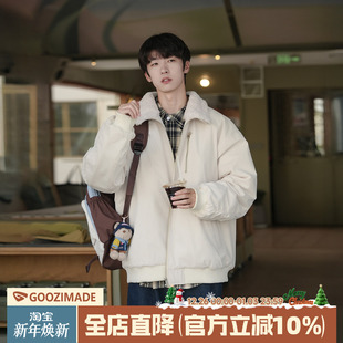 棉衣 加厚外套日系翻领拉链工装 @港仔文艺男 拼接羊羔毛棉服男冬季