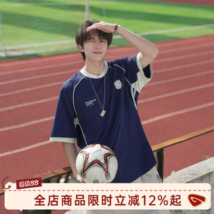 GOOZI MADE 美式学院风球衣短袖T恤男夏季撞色条纹徽章运动半袖