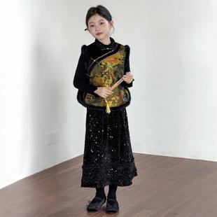 女童拜年服加绒2026新年战袍中式女孩中国风织金马甲过年服套装冬