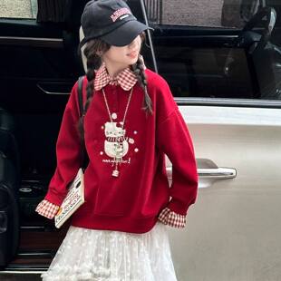 女童秋冬装加绒卫衣2026新款初中生大童雪人假两件加厚格子打底衫