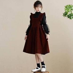 女童套装秋冬2026新款儿童时髦洋气大童红色背带裙子女孩冬装加厚
