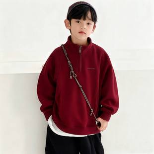 男童卫衣冬装大童装加绒加厚上衣服2026新款儿童红内搭打底衫男孩