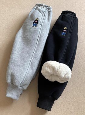 男童裤子加绒加厚冬季一体绒卫裤羊羔绒儿童秋冬款运动裤男宝宝黑