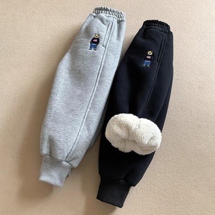 男童裤子加绒加厚冬季一体绒卫裤羊羔绒儿童秋冬款运动裤男宝宝黑