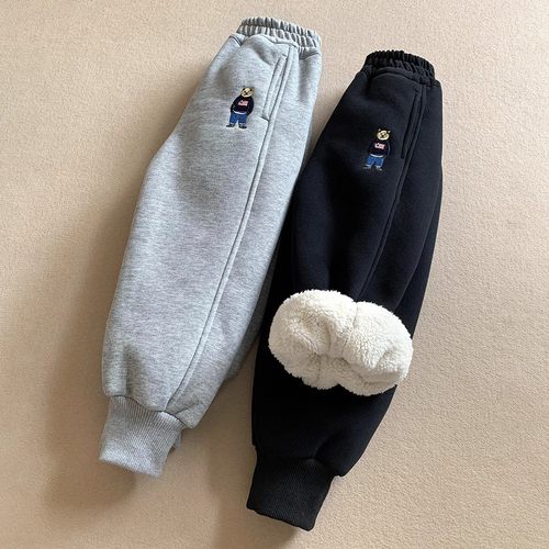 男童裤子加绒加厚冬季一体绒卫裤羊羔绒儿童秋冬款运动裤男宝宝黑