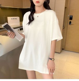 韩版 宽松大码 休闲减龄白色短袖 通勤上衣中长款 t恤女时尚 百搭夏季