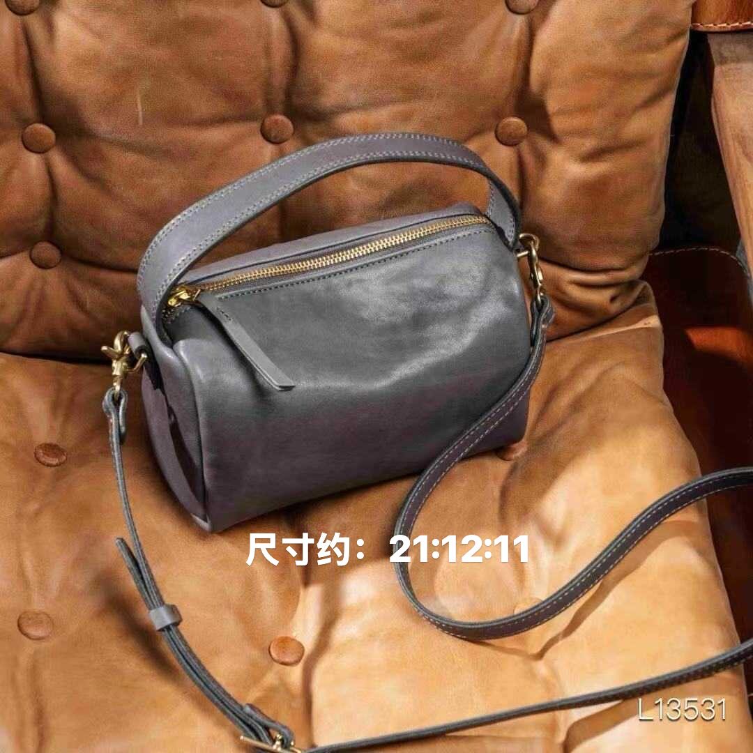 制道复古真皮手提圆筒包头层牛皮单肩枕头包软皮休闲植鞣皮斜挎包