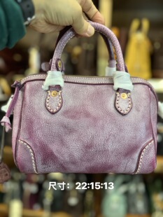 制道头层零腊牛皮波士顿手提包女复古小众单肩枕头圆筒女包L11279