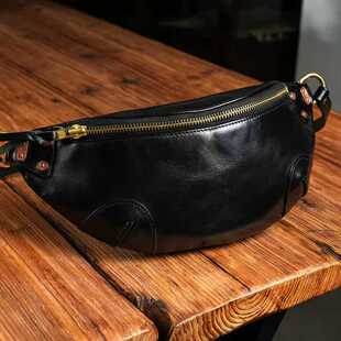 制道牛油皮男女通用腰包真皮头层牛皮胸包复古时尚百搭单肩斜挎包