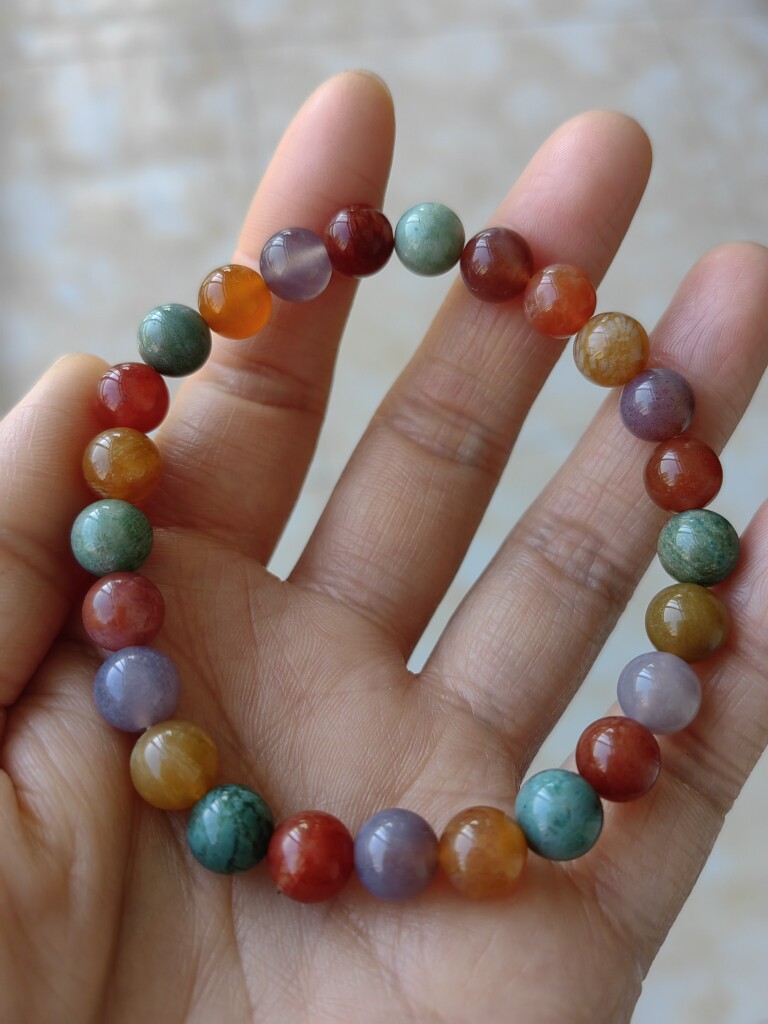 极品 高冰透全玉化珊瑚玉圆珠手链 七彩玉菊花石五彩玉雕刻小饰品