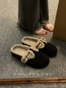 日本STELU仙女风毛毛拖鞋外穿女百搭平底温柔风羊羔毛复古勃肯鞋