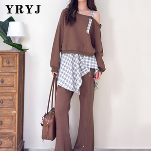 微喇开衩棉质套装 蓝咖格纹薄款 8353026147 上市长袖 YRY显瘦新款