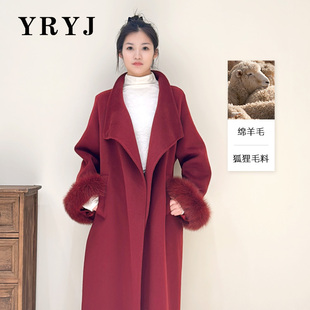 YRYJ狐狸毛袖双面羊毛大衣红色长款保暖商场同款4354034790