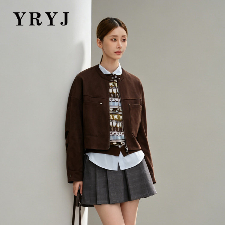 YRYJ学院风短款麂皮绒外套女秋装翻领拉链夹克6463031209