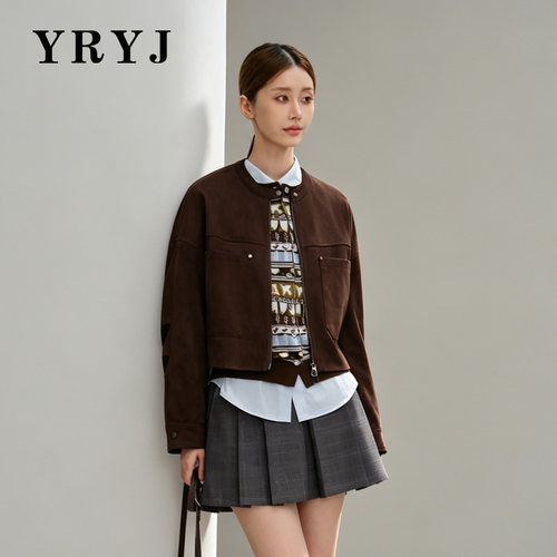 YRYJ学院风麂皮绒短款夹克女秋