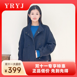YRYJ2025极简风羊毛大衣女短款翻领双排扣外套9854034127