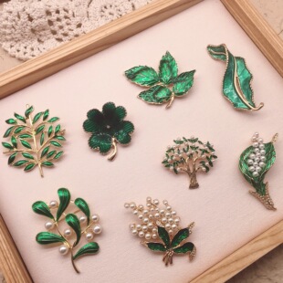 vintage 复古优雅彩釉绿树叶胸针 文艺绿植系开衫毛衣胸花别针