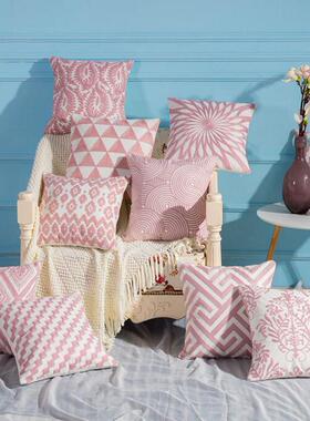 粉色北欧几何全棉刺绣花迷宫太阳花沙发抱枕靠垫套cushion cover