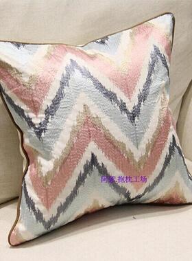 高档欧美简约棉麻刺绣花抱枕粉红色时尚W纹腰靠垫套cushion cover