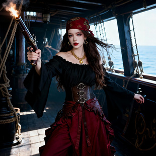 中世纪海盗衬衫风一字肩露肩裙复古金属环束腰喇叭袖万圣节cos服