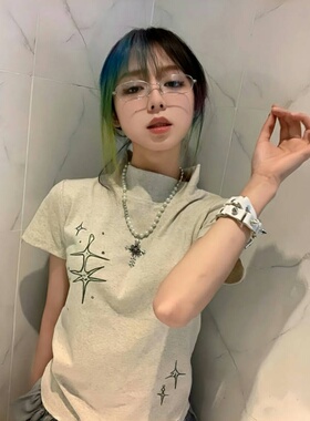 美式独特别致正肩半高领短袖t恤女夏季新款高级感辣妹巨好看上衣