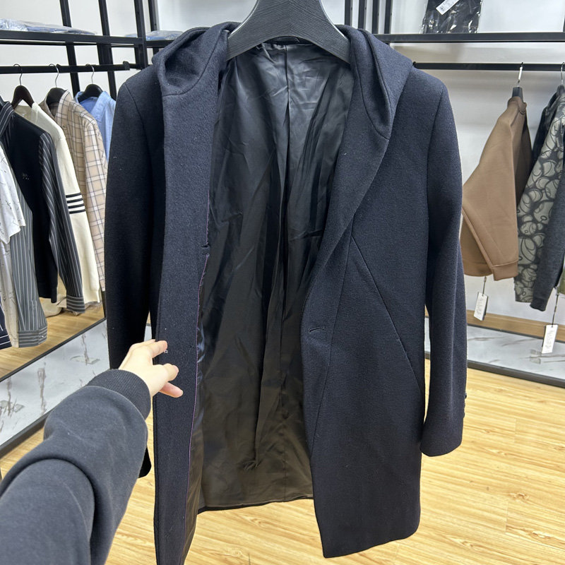 含羊毛料商务休闲连帽中长款毛呢大衣秋冬纯色保暖呢外套