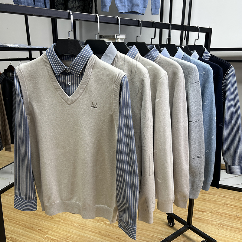 多种款式可选经典男士衬衫领假两件针织衫修身套头打底毛衫