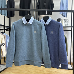 秋冬季加绒保暖衬衫领假两件针织衫男士休闲修身套头打底上衣