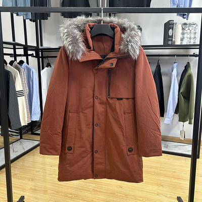 狐狸毛领条连帽男士中长款鸭绒服冬季工装休闲防风御寒羽绒服