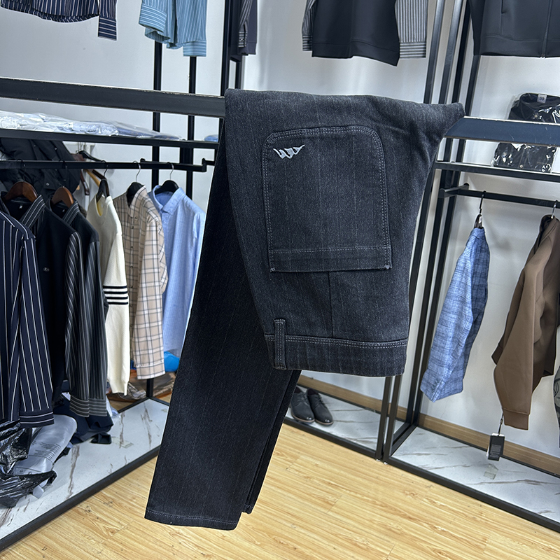 修身显瘦通勤时尚长裤秋冬男士松紧腰抽绳水洗棉牛仔裤