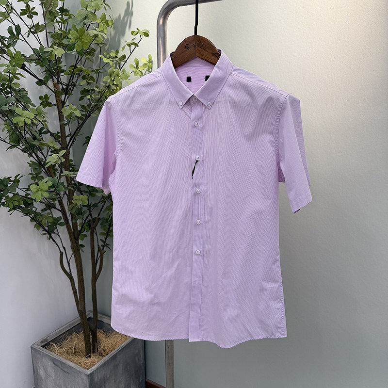 条纹磨毛料扣领尖领男士休闲薄款短袖衬衫夏季新品修身打底衬衣