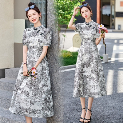 新中式印花连衣裙女2026夏季新款时尚高腰修身显瘦水墨画旗袍裙潮