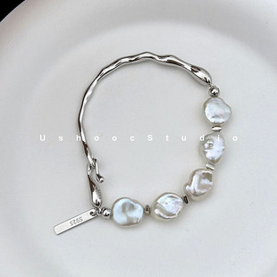 USHOOC艺术感不规则花瓣碎银天然珍珠925银手链高级轻奢小众设计