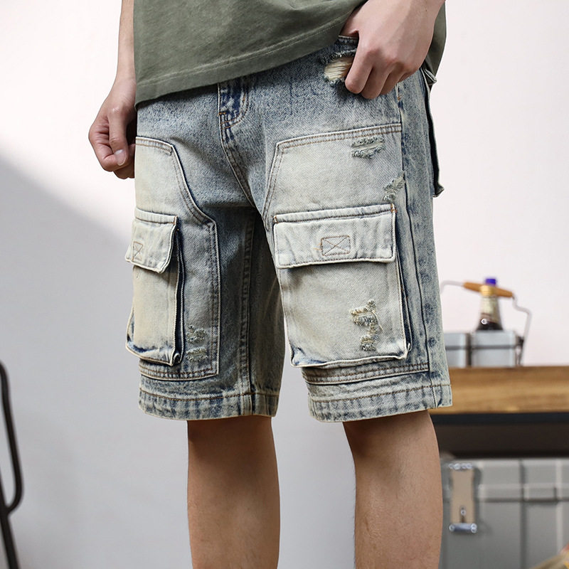 美式潮牌破洞工装牛仔中裤2025夏季男士直筒短裤多口袋休闲牛仔裤