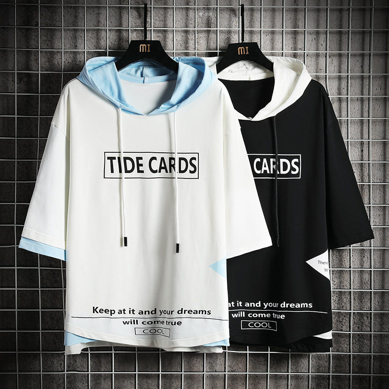 跨境春夏季连帽七分袖卫衣男士潮流撞色短袖t恤ins大码蝙
