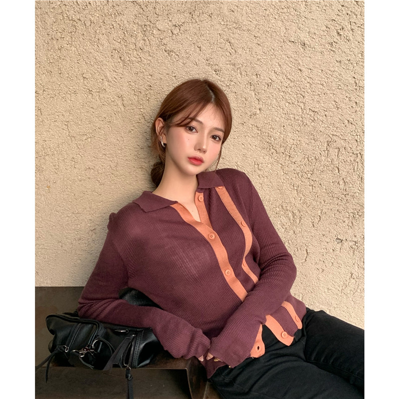 韩国chic拼色拼接翻领长袖针织衫开衫上衣女