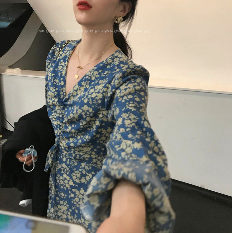 20新款韩chic气质兰优雅V领抽绳连衣裙打底裙女