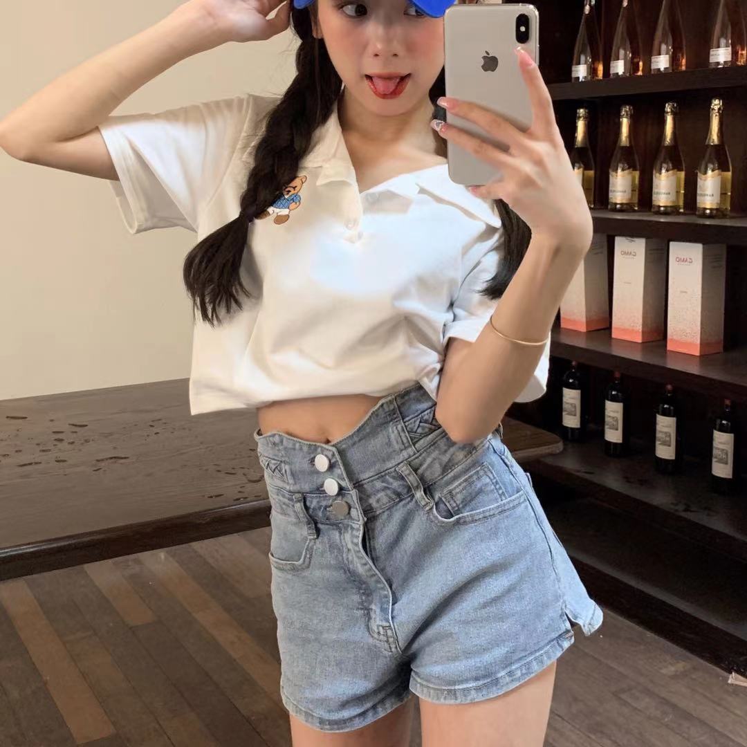 Real shot 2021 net red new sweet style embroidery Polo neck short sleeve T-shirt short open navel top female